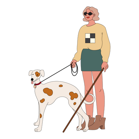 Femme aveugle marchant avec un chien  Illustration
