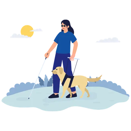 Femme aveugle marchant avec un chien-guide  Illustration