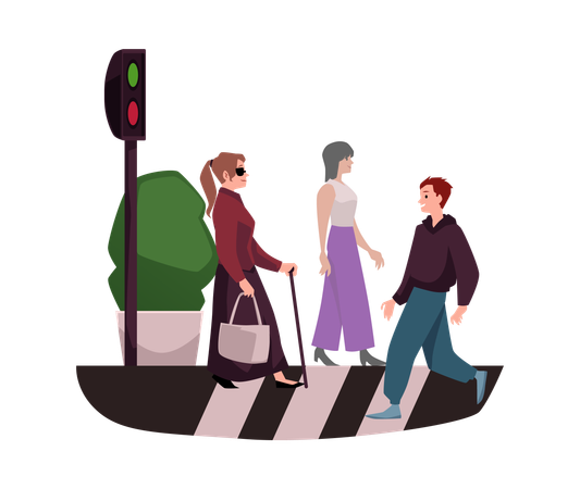 Une femme aveugle traverse la route en ville  Illustration