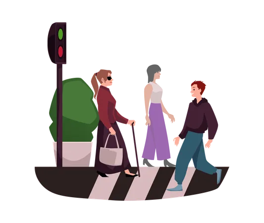 Une femme aveugle traverse la route en ville  Illustration