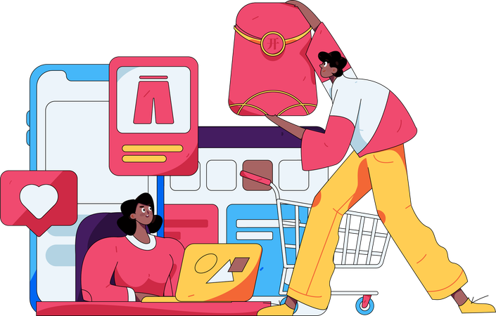 Une femme évalue les produits en ligne  Illustration