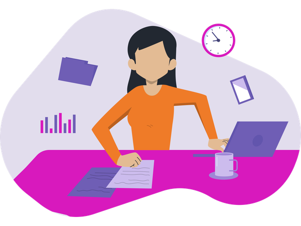 Une femme ayant une énorme charge de travail au bureau  Illustration