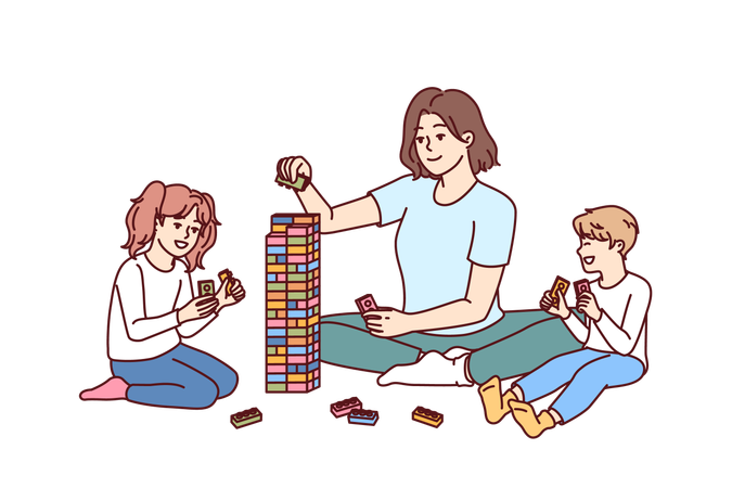 Une baby-sitter avec des enfants joue au constructeur qui construit une tour de blocs d'enfants à la maternelle  Illustration