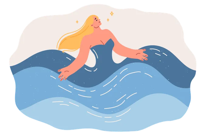 Une femme se baigne dans l’eau de mer  Illustration