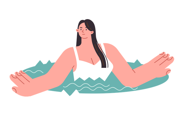 Une femme se baigne dans un trou de glace en hiver pendant les chutes de neige  Illustration