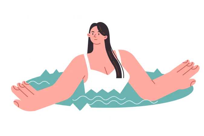 Une femme se baigne dans un trou de glace en hiver pendant les chutes de neige  Illustration