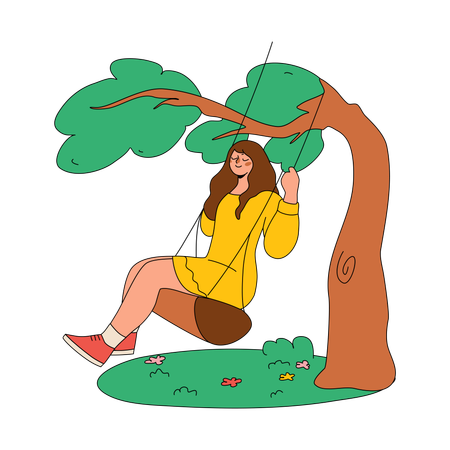 Femme se balance sur une balançoire dans le jardin  Illustration