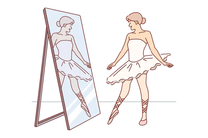 Une ballerine se regarde dans un miroir avec un sourire et s'entraîne à tirer les orteils avant de se produire sur scène  Illustration