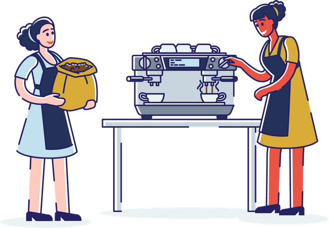 Barista féminine mettant du café fraîchement moulu dans une machine à café  Illustration