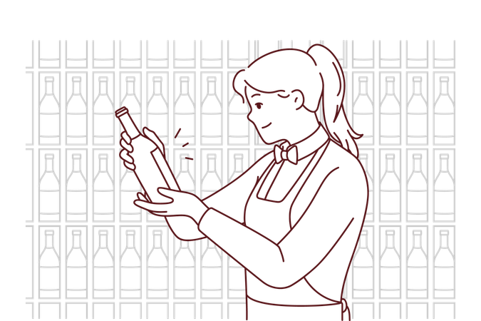 Barman féminin servant une bouteille de vin  Illustration