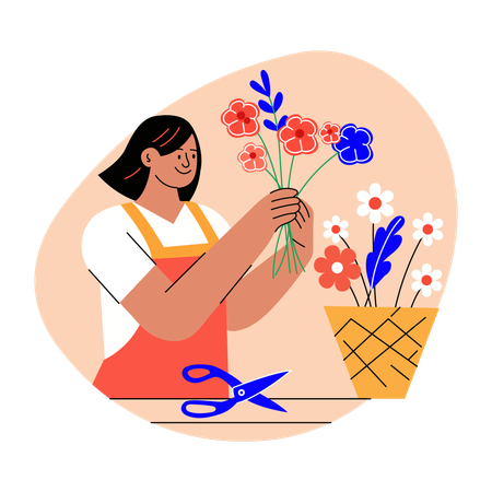 Fleuriste caucasien féminin faisant un arrangement floral  Illustration