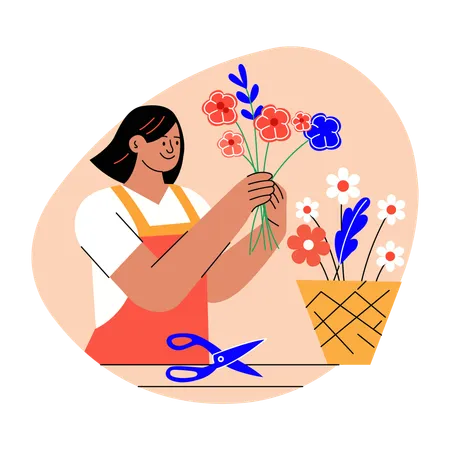 Fleuriste caucasien féminin faisant un arrangement floral  Illustration