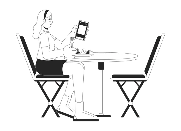 Femme blonde au téléphone en mangeant  Illustration