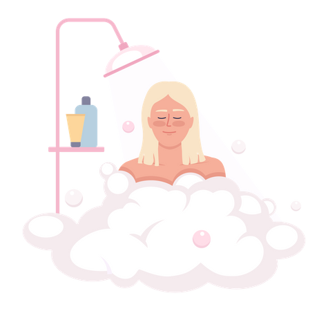 Heureuse femme blonde se baignant avec des bulles de gel douche  Illustration