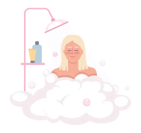 Heureuse femme blonde se baignant avec des bulles de gel douche  Illustration