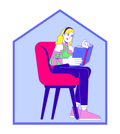 Femme blonde se relaxant avec un livre dans un fauteuil confortable à la maison  Illustration