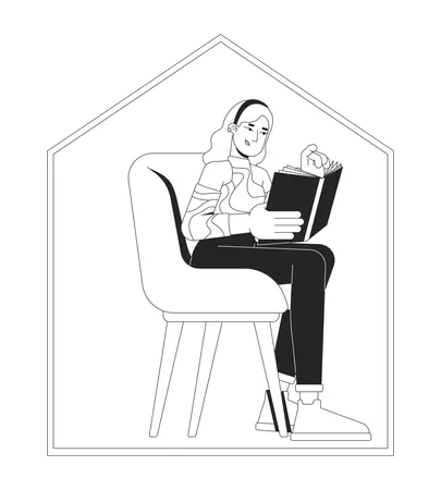 Femme blonde se relaxant avec un livre dans un fauteuil confortable à la maison  Illustration