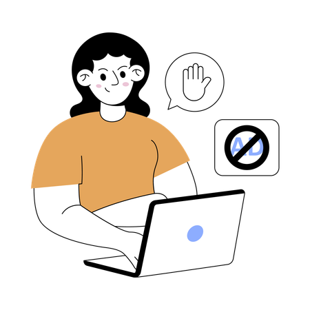 Une femme bloque les publicités sur Internet  Illustration