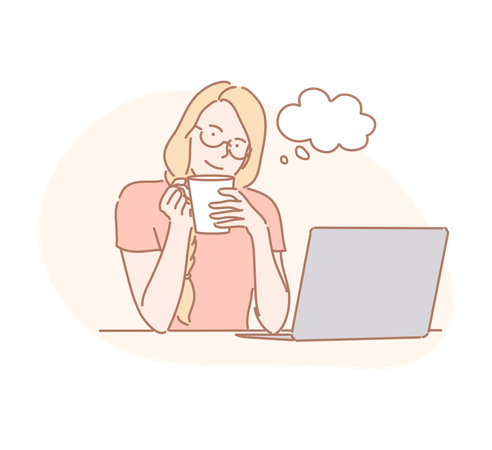 Femme buvant du café avec un ordinateur portable  Illustration