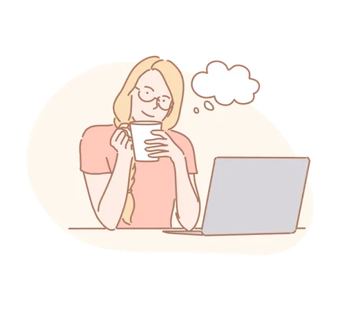 Femme buvant du café avec un ordinateur portable  Illustration