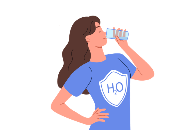 Une femme boit de l'eau dans un verre, vêtue d'un t-shirt avec le logo H2O, et utilise de l'eau pour se débarrasser des toxines  Illustration