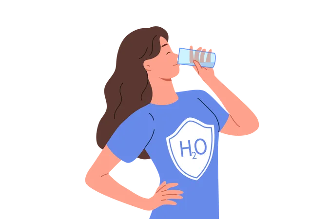 Une femme boit de l'eau dans un verre, vêtue d'un t-shirt avec le logo H2O, et utilise de l'eau pour se débarrasser des toxines  Illustration