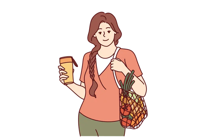 La femme boit une tasse de café et tient un sac de légumes  Illustration