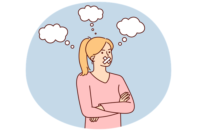 Une femme avec la bouche fermée se tient debout, les bras croisés, organisant un boycott en raison du ressentiment  Illustration