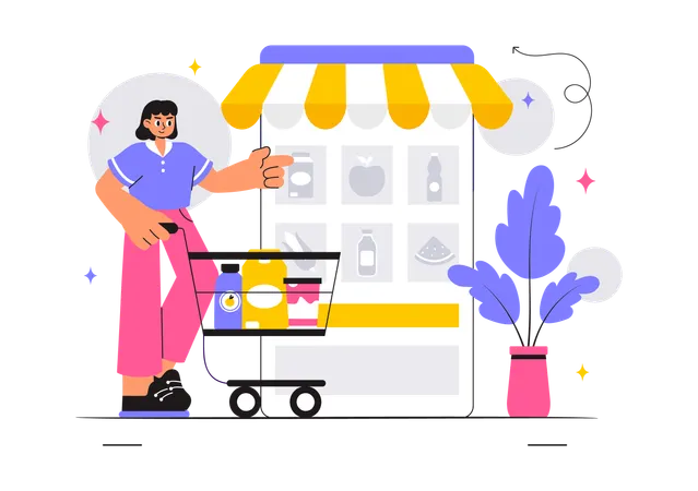 Une femme fait ses courses via une application d'épicerie en ligne  Illustration