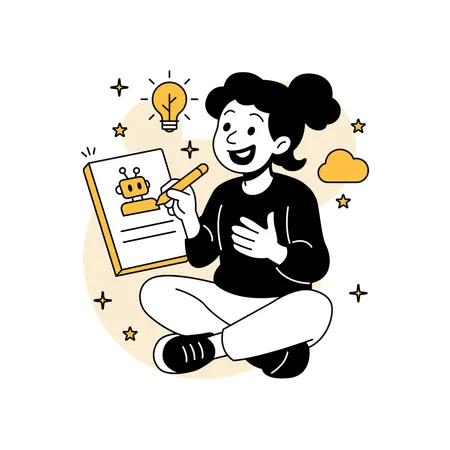 Une femme réfléchit à l'innovation en matière d'IA  Illustration