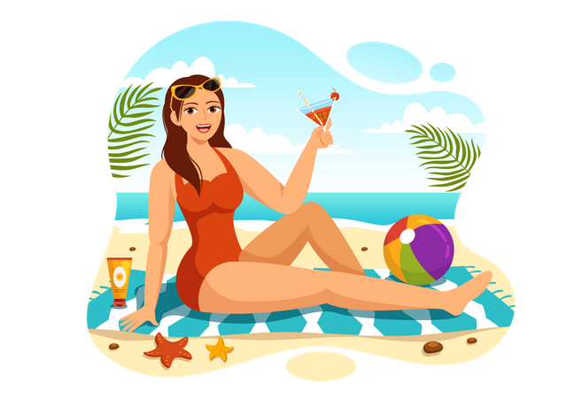 Femme en train de bronzer à la plage  Illustration