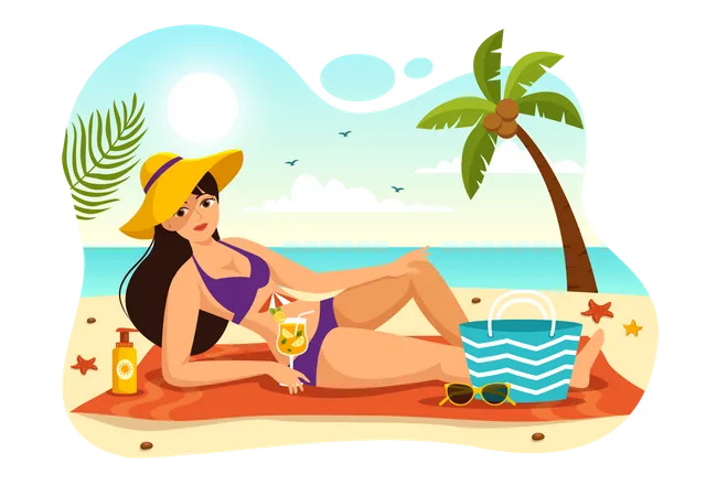 Femme en train de bronzer à la plage  Illustration