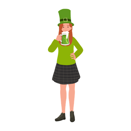 Femme buvant de la bière verte  Illustration