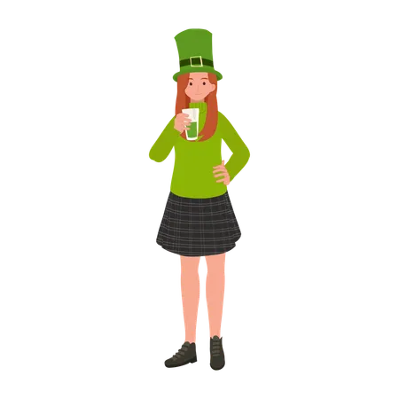 Femme buvant de la bière verte  Illustration