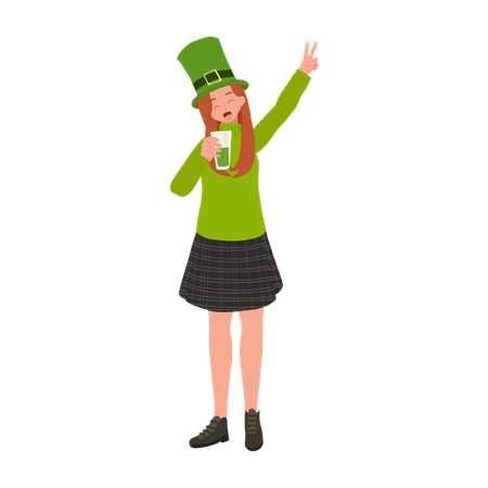 Femme buvant de la bière verte  Illustration