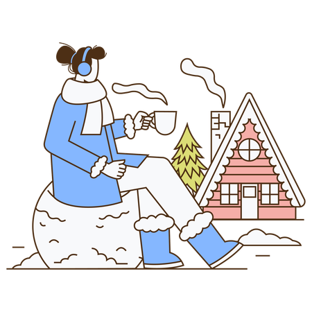 Femme buvant du café chaud en hiver  Illustration