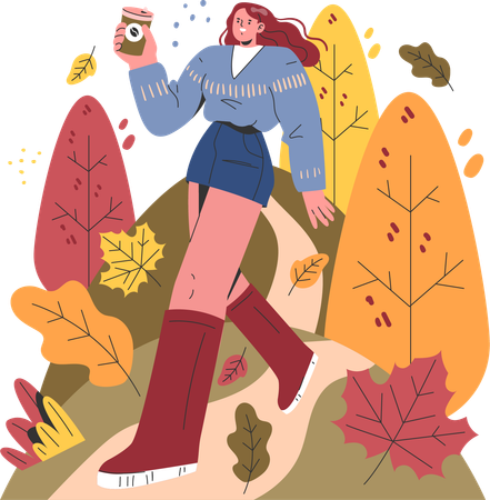 Femme buvant du café en automne  Illustration