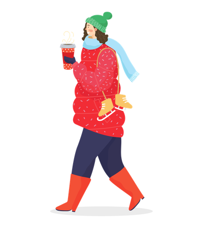 Femme buvant du café et portant des vêtements chauds  Illustration