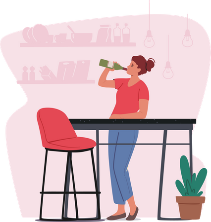 Femme buvant du vin en bouteille à la maison  Illustration