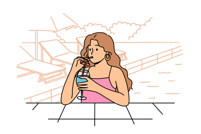 Femme buvant un cocktail dans la piscine  Illustration