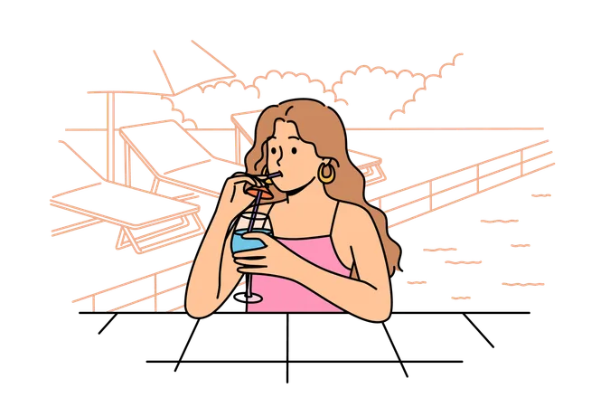 Femme buvant un cocktail dans la piscine  Illustration