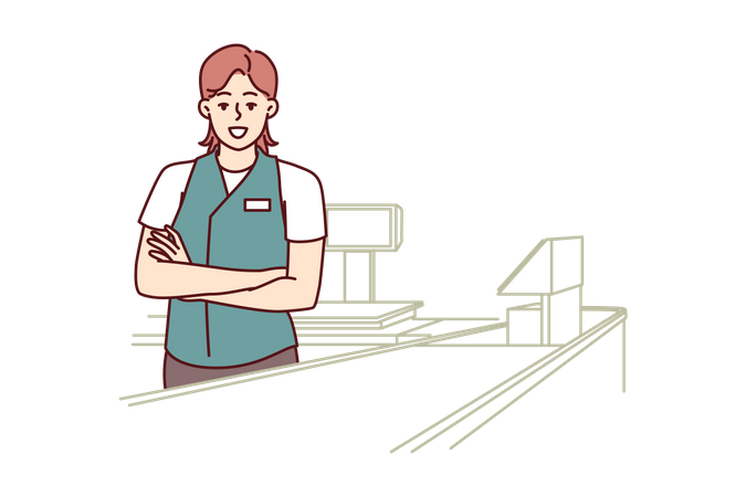 Une caissière de supermarché se trouve dans la zone de paiement du magasin, les bras croisés fièrement  Illustration