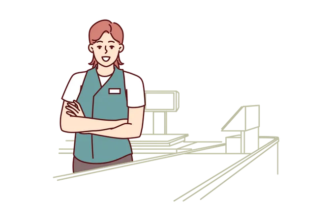 Une caissière de supermarché se trouve dans la zone de paiement du magasin, les bras croisés fièrement  Illustration