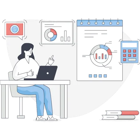 Femme calculant le montant d'un graphique à secteurs  Illustration