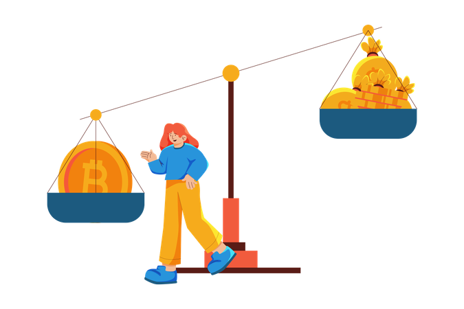 Femme calculant le retour d'échange de bitcoin pour le dollar  Illustration