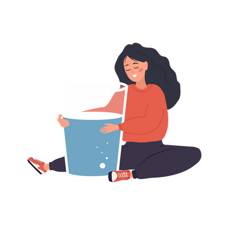 Femme embrasse un grand verre d’eau pure  Illustration