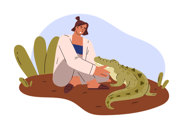 Une femme caresse un crocodile dans la nature  Illustration