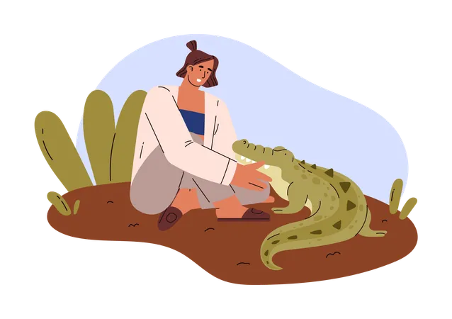 Une femme caresse un crocodile dans la nature  Illustration