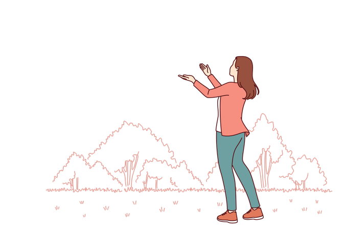 Une femme catholique regarde une croix qui brille dans le ciel en priant Dieu de l'aider à trouver le bon chemin  Illustration