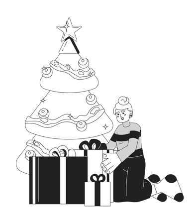 Femme caucasienne emballant des cadeaux sous l'arbre de Noël  Illustration